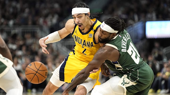 Apr 30, 2024; Milwaukee, Wisconsin, USA;  Milwaukee Bucks guard Patrick Beverley (21) knocks the