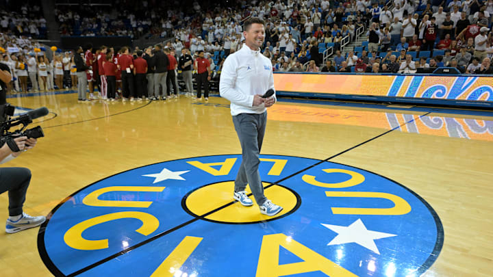 Jan 31, 2026; Los Angeles, California, USA; UCLA Bruins head football coach Bob Chesney is introduced during the basketball game against the Indiana Hoosiers at Pauley Pavilion presented by Wescom Financial. Mandatory Credit: Jayne Kamin-Oncea-Imagn Images