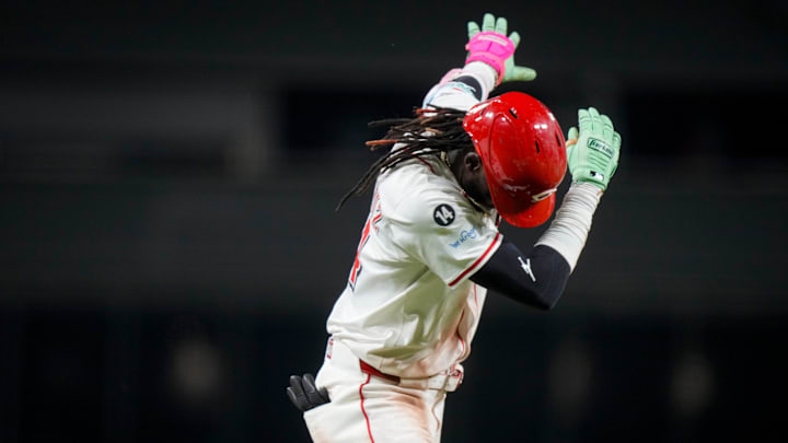 Cincinnati Reds shortstop Elly De La Cruz (44) celebrates a solo home run in the eighth inning of the MLB interleague game between the Cincinnati Reds and the New York Yankees at Great American Ball Park in downtown Cincinnati on Monday, June 23, 2025.