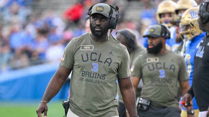 Nov 30, 2024; Pasadena, California, USA; UCLA Bruins head coach DeShaun Foster on the sidelines during the third quarter against the Fresno State Bulldogs at Rose Bowl. Mandatory Credit: Robert Hanashiro-Imagn Images