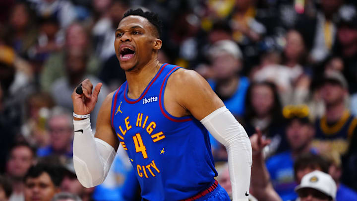 Denver Nuggets guard Russell Westbrook (4) reacts to his three point basket in the fourth quarter against the LA Clippers. Denver Nuggets guard Russell Westbrook (4) reacts to his three point basket in the fourth quarter against the LA Clippers.