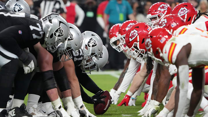 Nov 26, 2023; Paradise, Nevada, USA; Las Vegas Raiders long snapper Jacob Bobenmoyer (50) snaps the ball against the Kansas City Chiefs in the second half at Allegiant Stadium. Mandatory Credit: Kirby Lee-Imagn Images