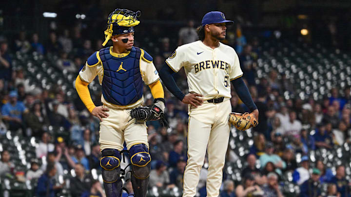 Apr 30, 2024; Milwaukee, Wisconsin, USA;  Milwaukee Brewers pitcher Freddy Peralta (51) and catcher