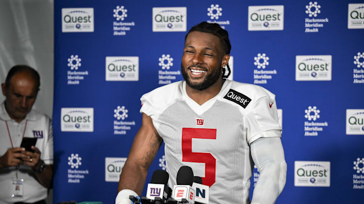 New York Giants linebacker Kayvon Thibodeaux speaks at a press conference during minicamp.