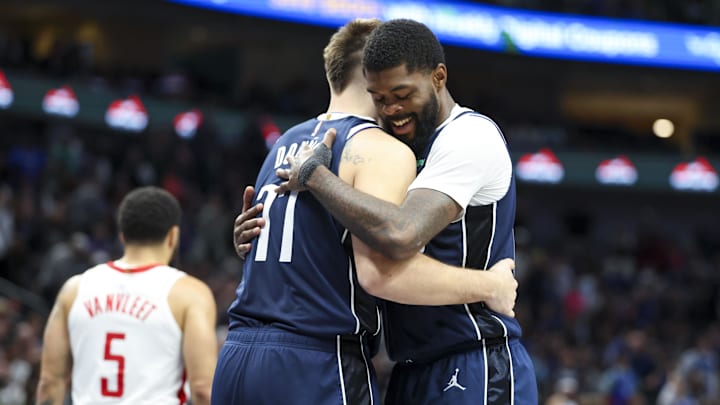 Oct 31, 2024; Dallas, Texas, USA; Dallas Mavericks guard Luka Doncic (77) hugs Dallas Mavericks forward Naji Marshall (13) after scoring during the second half against the Houston Rockets at American Airlines Center. Mandatory Credit: Kevin Jairaj-Imagn Images Oct 31, 2024; Dallas, Texas, USA; Dallas Mavericks guard Luka Doncic (77) hugs Dallas Mavericks forward Naji Marshall (13) after scoring during the second half against the Houston Rockets at American Airlines Center. Mandatory Credit: Kevin Jairaj-Imagn Images
