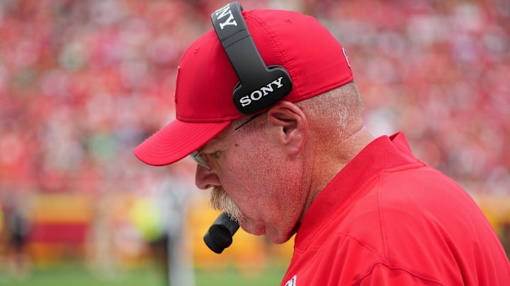 Sep 14, 2025; Kansas City, Missouri, USA; Kansas City Chiefs head coach Andy Reid looks on during the third quarter of the game against the Philadelphia Eagles at GEHA Field at Arrowhead Stadium. Mandatory Credit: Denny Medley-Imagn Images Sep 14, 2025; Kansas City, Missouri, USA; Kansas City Chiefs head coach Andy Reid looks on during the third quarter of the game against the Philadelphia Eagles at GEHA Field at Arrowhead Stadium. Mandatory Credit: Denny Medley-Imagn Images