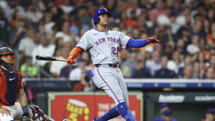 Mar 28, 2025; Houston, TX, USA; New York Mets right fielder Juan Soto (22) watches the ball after hitting a home run during the third inning against the Houston Astros at Daikin Park. Mandatory Credit: Troy Taormina-Imagn Images