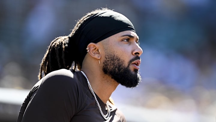 Sep 28, 2025; San Diego, California, USA; San Diego Padres right fielder Fernando Tatis Jr. (23) looks on during the seventh inning against the Arizona Diamondbacks at Petco Park. Mandatory Credit: Denis Poroy-Imagn Images Sep 28, 2025; San Diego, California, USA; San Diego Padres right fielder Fernando Tatis Jr. (23) looks on during the seventh inning against the Arizona Diamondbacks at Petco Park. Mandatory Credit: Denis Poroy-Imagn Images