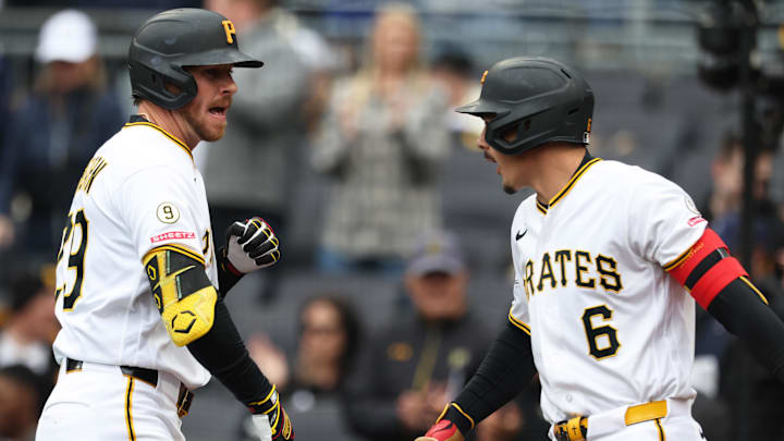 Apr 5, 2026; Pittsburgh, Pennsylvania, USA; Pittsburgh Pirates fright fielder Ryan O'Hearn (29) celebrates his two run home run with shortstop Konnor Griffin (6) against the Baltimore Orioles during the first inning at PNC Park. Mandatory Credit: Charles LeClaire-Imagn Images Apr 5, 2026; Pittsburgh, Pennsylvania, USA; Pittsburgh Pirates fright fielder Ryan O'Hearn (29) celebrates his two run home run with shortstop Konnor Griffin (6) against the Baltimore Orioles during the first inning at PNC Park. Mandatory Credit: Charles LeClaire-Imagn Images