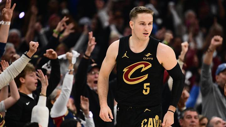 May 3, 2026; Cleveland, Ohio, USA; Cleveland Cavaliers guard Sam Merrill (5) celebrates after hitting a three point basket against the Toronto Raptors during the second half of game seven in the first round of the 2026 NBA Playoffs at Rocket Arena. Mandatory Credit: Ken Blaze-Imagn Images May 3, 2026; Cleveland, Ohio, USA; Cleveland Cavaliers guard Sam Merrill (5) celebrates after hitting a three point basket against the Toronto Raptors during the second half of game seven in the first round of the 2026 NBA Playoffs at Rocket Arena. Mandatory Credit: Ken Blaze-Imagn Images
