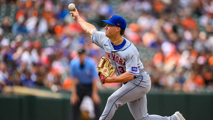 Aug 6, 2023; Baltimore, Maryland, USA; New York Mets relief pitcher Trevor Gott (33) throws a pitch during the seventh inning against the Baltimore Orioles at Oriole Park at Camden Yards. Mandatory Credit: Reggie Hildred-USA TODAY Sports Aug 6, 2023; Baltimore, Maryland, USA; New York Mets relief pitcher Trevor Gott (33) throws a pitch during the seventh inning against the Baltimore Orioles at Oriole Park at Camden Yards. Mandatory Credit: Reggie Hildred-USA TODAY Sports