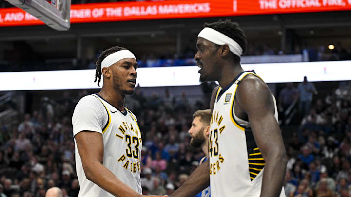 Mar 5, 2024; Dallas, Texas, USA; Indiana Pacers center Myles Turner (33) celebrates with forward Pascal Siakam (43) during the second half against the Dallas Mavericks at the American Airlines Center. Mandatory Credit: Jerome Miron-Imagn Images Mar 5, 2024; Dallas, Texas, USA; Indiana Pacers center Myles Turner (33) celebrates with forward Pascal Siakam (43) during the second half against the Dallas Mavericks at the American Airlines Center. Mandatory Credit: Jerome Miron-Imagn Images