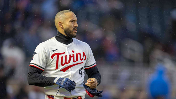 Apr 14, 2025; Minneapolis, Minnesota, USA; Minnesota Twins shortstop Carlos Correa (4) reacts after an at bat in the fourth inning against the New York Mets at Target Field. Mandatory Credit: Jesse Johnson-Imagn Images Apr 14, 2025; Minneapolis, Minnesota, USA; Minnesota Twins shortstop Carlos Correa (4) reacts after an at bat in the fourth inning against the New York Mets at Target Field. Mandatory Credit: Jesse Johnson-Imagn Images