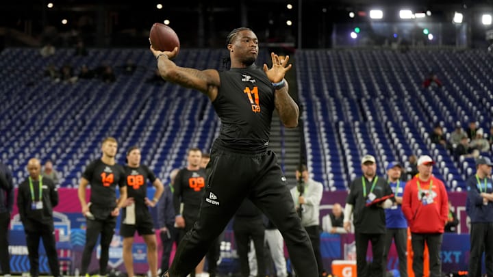 Alabama quarterback Jalen Milroe (QB11) during the 2025 NFL Combine at Lucas Oil Stadium. Alabama quarterback Jalen Milroe (QB11) during the 2025 NFL Combine at Lucas Oil Stadium.