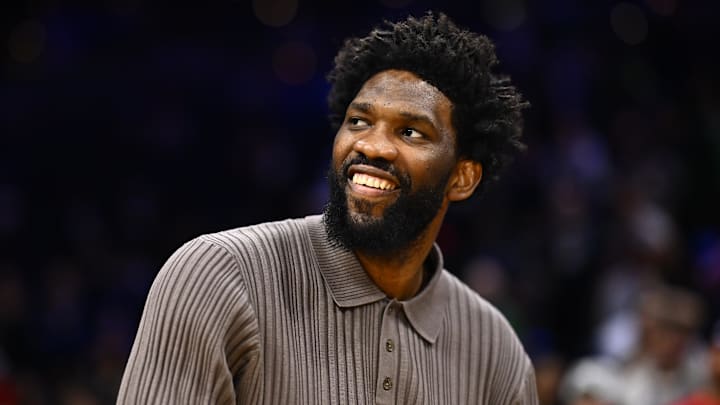 Mar 16, 2024; Philadelphia, Pennsylvania, USA; Philadelphia 76ers center Joel Embiid (21) looks on