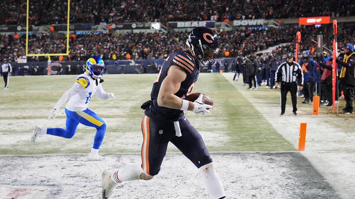 Jan 18, 2026; Chicago, IL, USA; Chicago Bears tight end Cole Kmet (85) catches a fourteen-yard touchdown pass thrown by quarterback Caleb Williams (not pictured) against Los Angeles Rams cornerback Cobie Durant (14) with eighteen seconds remaining in the fourth quarter of an NFC Divisional Round game at Soldier Field. Mandatory Credit: David Banks-Imagn Images Jan 18, 2026; Chicago, IL, USA; Chicago Bears tight end Cole Kmet (85) catches a fourteen-yard touchdown pass thrown by quarterback Caleb Williams (not pictured) against Los Angeles Rams cornerback Cobie Durant (14) with eighteen seconds remaining in the fourth quarter of an NFC Divisional Round game at Soldier Field. Mandatory Credit: David Banks-Imagn Images