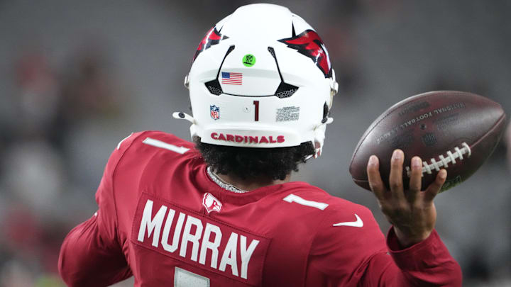 Aug 23, 2025; Glendale, Arizona, USA; Arizona Cardinals quarterback Kyler Murray (1) warms up before the game against the Las Vegas Raiders at State Farm Stadium. Mandatory Credit: Joe Camporeale-Imagn Images