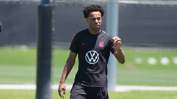 Jun 26, 2026; Irvine, California, USA; USMNT midfielder Tyler Adams (4) during a training session in preparation for their upcoming 2026 FIFA World Cup match at Great Park Sports Complex. Mandatory Credit: Kirby Lee-Imagn Images