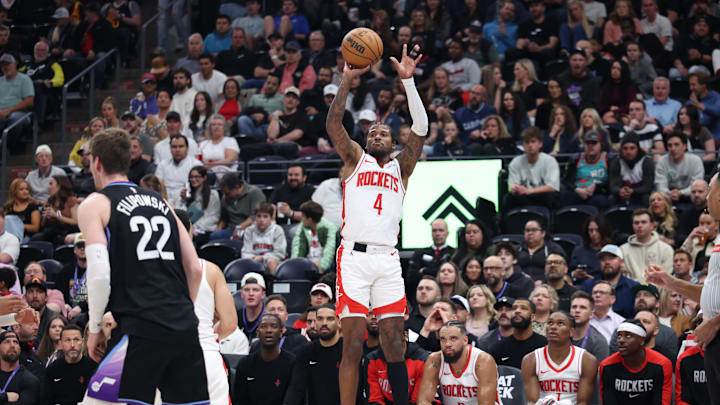 Mar 27, 2025; Salt Lake City, Utah, USA; Houston Rockets guard Jalen Green (4) takes a three-point shot against the Utah Jazz during the second half at Delta Center. Mandatory Credit: Rob Gray-Imagn Images Mar 27, 2025; Salt Lake City, Utah, USA; Houston Rockets guard Jalen Green (4) takes a three-point shot against the Utah Jazz during the second half at Delta Center. Mandatory Credit: Rob Gray-Imagn Images
