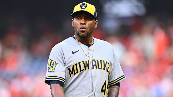 Jul 20, 2023; Philadelphia, Pennsylvania, USA; Milwaukee Brewers starting pitcher Julio Teheran (49)