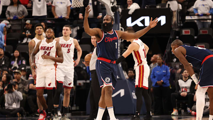 Jan 13, 2025; Inglewood, California, USA; LA Clippers guard James Harden (1) reacts to a foul during the third quarter against the Miami Heat at Intuit Dome. Mandatory Credit: Jason Parkhurst-Imagn Images