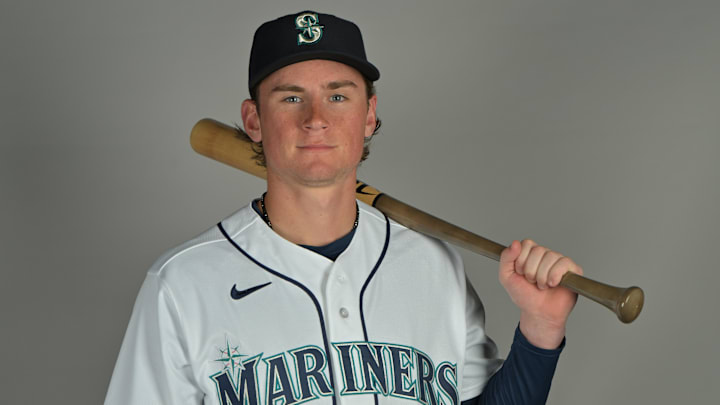 Feb 19, 2026; Peoria, AZ, USA;  Seattle Mariners shortstop Colt Emerson (85) during spring training photo day in Peoria, AZ. Mandatory Credit: Jayne Kamin-Oncea-Imagn Images