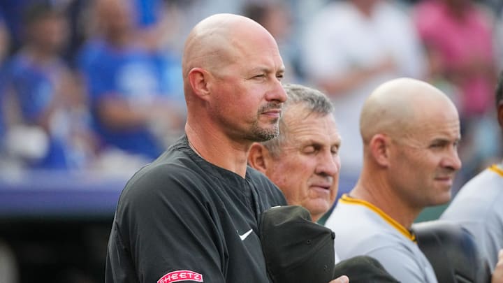 Jul 7, 2025; Kansas City, Missouri, USA; Pittsburgh Pirates manager Don Kelly (12) stands on field against the Kansas City Royals prior to a game at Kauffman Stadium. Mandatory Credit: Denny Medley-Imagn Images