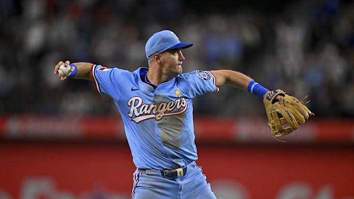 Sep 7, 2025; Arlington, Texas, USA; Texas Rangers third baseman Josh Jung (6) throws the ball during the game between the Texas Rangers and the Houston Astros at Globe Life Field. Mandatory Credit: Jerome Miron-Imagn Images Sep 7, 2025; Arlington, Texas, USA; Texas Rangers third baseman Josh Jung (6) throws the ball during the game between the Texas Rangers and the Houston Astros at Globe Life Field. Mandatory Credit: Jerome Miron-Imagn Images