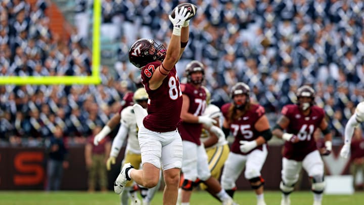 Oct 26, 2024; Blacksburg, Virginia, USA; Virginia Tech Hokies tight end Harrison Saint Germain (87) catches a pass during the second quarter against the Georgia Tech Yellow Jackets at Lane Stadium. Mandatory Credit: Peter Casey-Imagn Images Oct 26, 2024; Blacksburg, Virginia, USA; Virginia Tech Hokies tight end Harrison Saint Germain (87) catches a pass during the second quarter against the Georgia Tech Yellow Jackets at Lane Stadium. Mandatory Credit: Peter Casey-Imagn Images