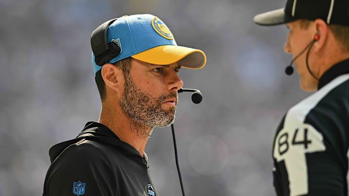 Sep 24, 2023; Minneapolis, Minnesota, USA; Los Angeles Chargers head coach Brandon Staley looks on during the game against the Minnesota Vikings at U.S. Bank Stadium. Mandatory Credit: Jeffrey Becker-Imagn Images