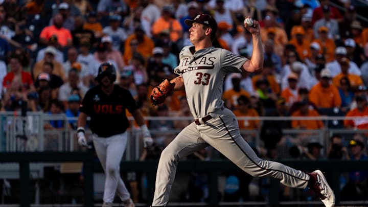 Jun 24, 2024; Omaha, NE, USA; Texas A&M Aggies starting pitcher Justin Lamkin (33) pitches against the Tennessee Volunteers during the third inning at Charles Schwab Field Omaha. Mandatory Credit: Dylan Widger-Imagn Images