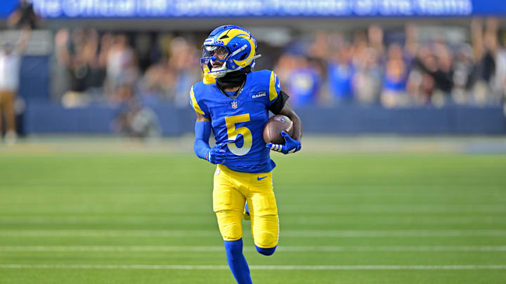 Sep 28, 2025; Inglewood, California, USA; Los Angeles Rams wide receiver Tutu Atwell (5) runs for a touchdown on an 88 yard pass play in the fourth quarter against the Indianapolis Colts at SoFi Stadium. Mandatory Credit: Jayne Kamin-Oncea-Imagn Images