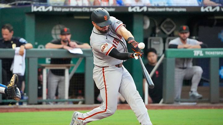 Jul 21, 2026; Kansas City, Missouri, USA; San Francisco Giants catcher Jesus Rodriguez (79) hits a double against the Kansas City Royals during the fifth inning at Kauffman Stadium. Mandatory Credit: Denny Medley-Imagn Images