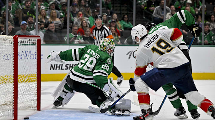 Mar 12, 2024; Dallas, Texas, USA; Florida Panthers left wing Matthew Tkachuk (19) watches as center