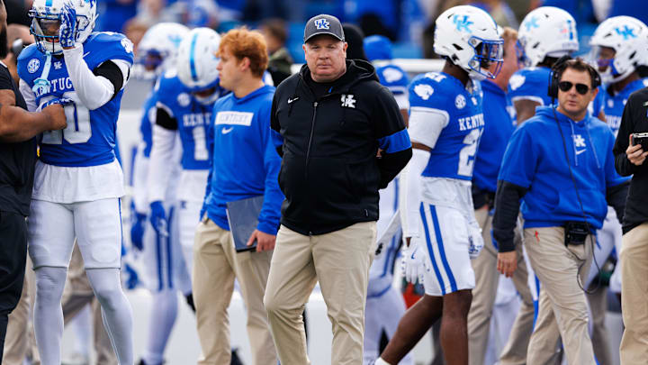 Nov 16, 2024; Lexington, Kentucky, USA; Kentucky Wildcats head coach Mark Stoops looks on before the game against the Murray State Racers at Kroger Field. Mandatory Credit: Jordan Prather-Imagn Images