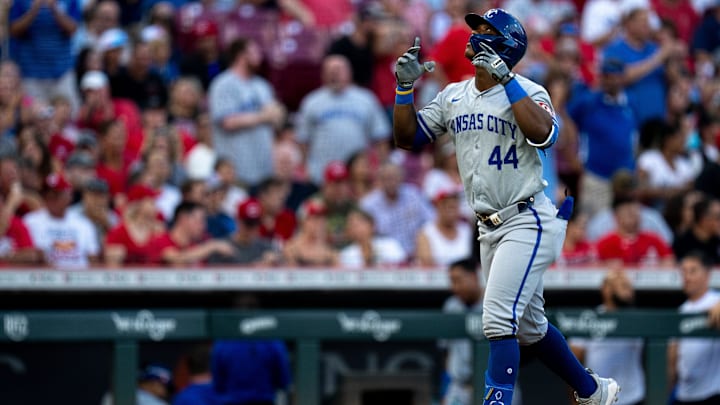 Kansas City Royals left fielder Dairon Blanco (44) gestures after hitting a grand slam in the third inning of the MLB game between the Cincinnati Reds and Kansas City Royals at Great American Ball Park in Cincinnati on Saturday, Aug. 17, 2024.