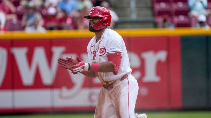 Cincinnati Reds right fielder Rece Hinds (77) doubles on a fly ball to center field in the seventh inning of the MLB National League game between the Cincinnati Reds and the Colorado Rockies at Great American Ball Park in downtown Cincinnati on Thursday, July 11, 2024. The Reds led 3-0 after three innings. The Reds won 8-1.
