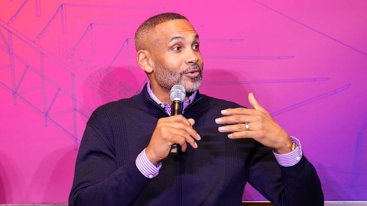 Grant Hill speaks during an NWSL diversity summit.