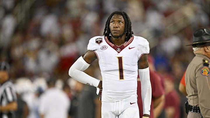 Sep 28, 2024; Dallas, Texas, USA; Florida State Seminoles defensive back Shyheim Brown (1) looks on during the game between the Southern Methodist Mustangs and the Florida State Seminoles at Gerald J. Ford Stadium. Mandatory Credit: Jerome Miron-Imagn Images