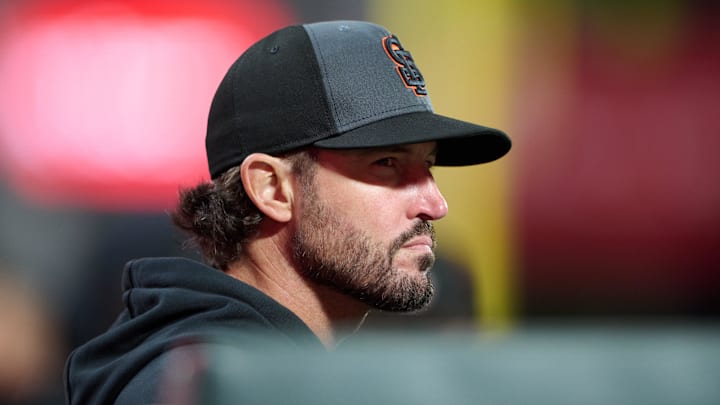 May 9, 2026; San Francisco, California, USA; San Francisco Giants manager Tony Vitello (23) looks on against the Pittsburgh Pirates during the ninth inning at Oracle Park. Mandatory Credit: Robert Edwards-Imagn Images