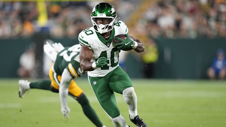  New York Jets running back Donovan Edwards (40) . Mandatory Credit: Kayla Wolf-Imagn Images