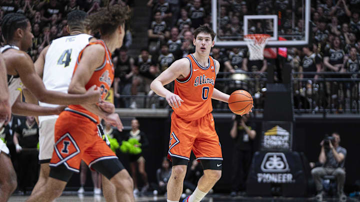 Jan 24, 2026; West Lafayette, Indiana, USA; Illinois Fighting Illini forward David Mirkovic (0) dribbles while looking for an open teammate during the first half against the Purdue Boilermakers at Mackey Arena.  Mandatory Credit: Jacob Musselman-Imagn Images