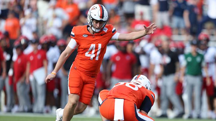 Aug 29, 2026; Charlottesville, Virginia, USA; Virginia Cavaliers kicker Will Bettridge (41) makes an extra point during the game against the NC State Wolfpack at Scott Stadium. Mandatory Credit: Greg Atkins-Imagn Images Aug 29, 2026; Charlottesville, Virginia, USA; Virginia Cavaliers kicker Will Bettridge (41) makes an extra point during the game against the NC State Wolfpack at Scott Stadium. Mandatory Credit: Greg Atkins-Imagn Images