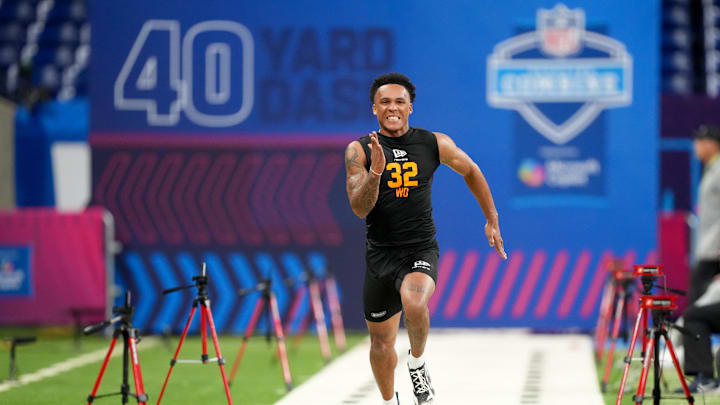 Feb 28, 2026; Indianapolis, IN, USA; Georgia Tech wideout Eric Rivers (WO32) during the NFL Scouting Combine at Lucas Oil Stadium. Mandatory Credit: Kirby Lee-Imagn Images