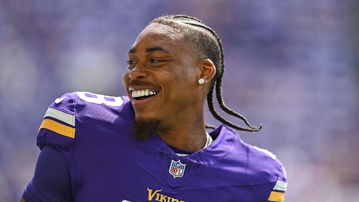 Aug 10, 2024; Minneapolis, Minnesota, USA; Minnesota Vikings wide receiver Justin Jefferson (18) warms up before the game against the Las Vegas Raiders at U.S. Bank Stadium.