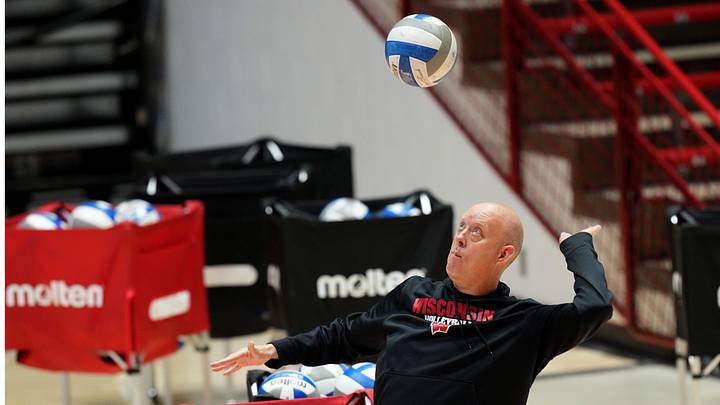 Wisconsin head coach Kelly Sheffield is shown during volleyball practice on August 22, 2022, in Madison, Wis. Wisconsin will be defending their NCAA national championship this season.