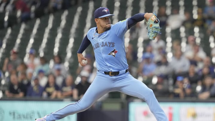 Toronto Blue Jays pitcher Jose Berrios (17) throws a pitch during the first inning against the Milwaukee Brewers at American Family Field on June 10.