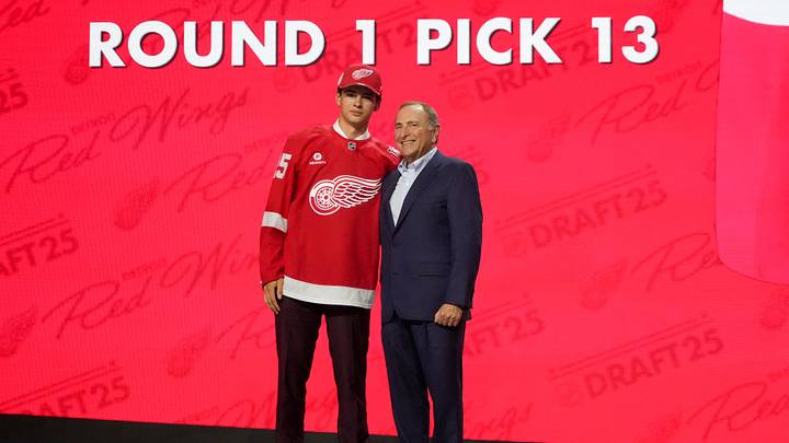 Jun 27, 2025; Los Angeles, California, USA; Carter Bear is selected as the 13th overall pick to the Detroit Red Wings in the first round of the 2025 NHL Draft at Peacock Theater. Mandatory Credit: Kirby Lee-Imagn Images Jun 27, 2025; Los Angeles, California, USA; Carter Bear is selected as the 13th overall pick to the Detroit Red Wings in the first round of the 2025 NHL Draft at Peacock Theater. Mandatory Credit: Kirby Lee-Imagn Images