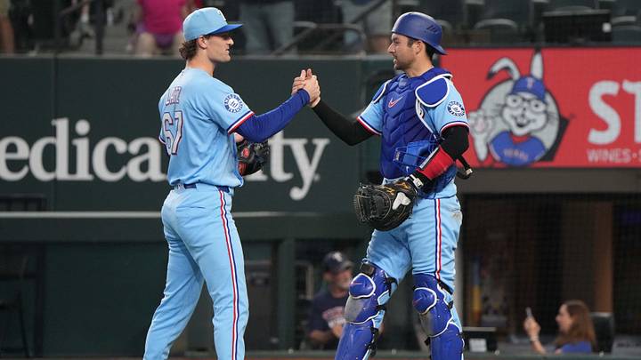 May 31, 2026; Arlington, Texas, USA; Texas Rangers pitcher Jacob Latz (67) and catcher Kyle Higashioka (11) celebrate their teams 6-3 win over the Kansas City Royals following the ninth inning at Globe Life Field. Mandatory Credit: Jim Cowsert-Imagn Images May 31, 2026; Arlington, Texas, USA; Texas Rangers pitcher Jacob Latz (67) and catcher Kyle Higashioka (11) celebrate their teams 6-3 win over the Kansas City Royals following the ninth inning at Globe Life Field. Mandatory Credit: Jim Cowsert-Imagn Images
