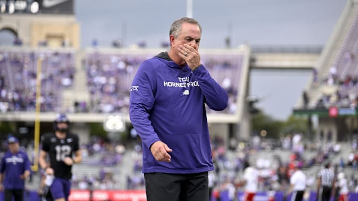 Nov 29, 2025; Fort Worth, Texas, USA; TCU Horned Frogs head coach Sonny Dykes walks off the field after a weather delay game stoppage is called during the first quarter against the Cincinnati Bearcats at Amon G. Carter Stadium. Mandatory Credit: Jerome Miron-Imagn Images Nov 29, 2025; Fort Worth, Texas, USA; TCU Horned Frogs head coach Sonny Dykes walks off the field after a weather delay game stoppage is called during the first quarter against the Cincinnati Bearcats at Amon G. Carter Stadium. Mandatory Credit: Jerome Miron-Imagn Images